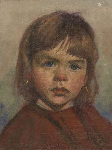 Aloysius O'Kelly, Irish 1853-1936- Portrait of a girl head and shoulders; oil on canvas laid down on