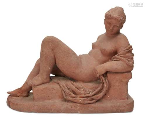 Karen Jonzen RBA ARBS, British 1914-1998- Seated female nude; terracotta, 40cm high, 48cm long, (