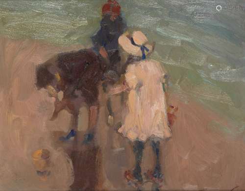 Ken Moroney, British b.1949- Children on the Beach; oil on board, signed, 21x25.5cm, (ARR)Please