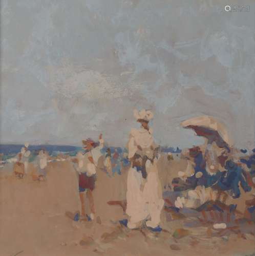 Ken Moroney, British b.1949- Figures on a beach with parasol; gouache on paper, bears stamped