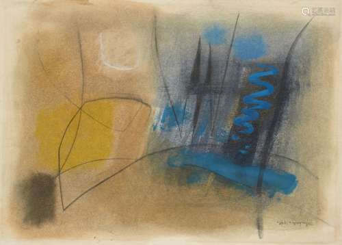 John Wells, British 1907-2000- Abstract composition, 1968; oil, gouache and pencil on paper, laid on
