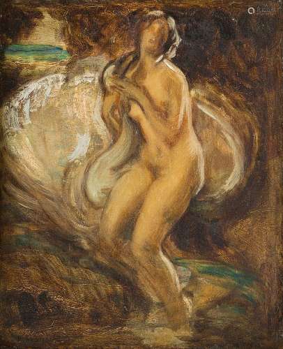 Wilfred Gabriel de Glehn RP RA, British 1870-1951- Leda and the Swan; oil on panel, 21.5 x 77.5cm (