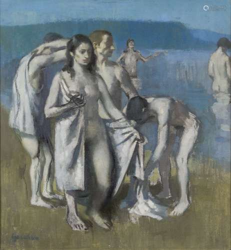 Alexander Goudie, Scottish 1933-2004- Figures bathing; oil on canvas, signed, 78.5x73cm (ARR)