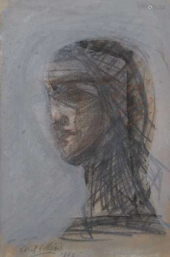Cecil Collins RA MBE, British 1908-1989- Classical Head, 1960; charcoal, sanguine and gouache,