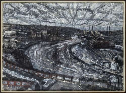 Edward Chell, British b. 1958- River Tyne; charcoal, pastel and watercolour on adjoined sheets,