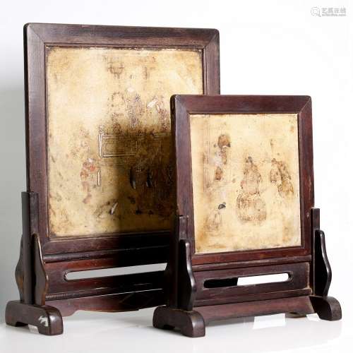 lot of 2 antique, Chinese, Qing dyn. marble and wood table screens.