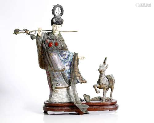 an antique. Chinese bone and silver enameled filigree figure
