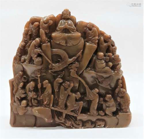 Chinese, Shoushan boulder, depicting the 18 louhans.