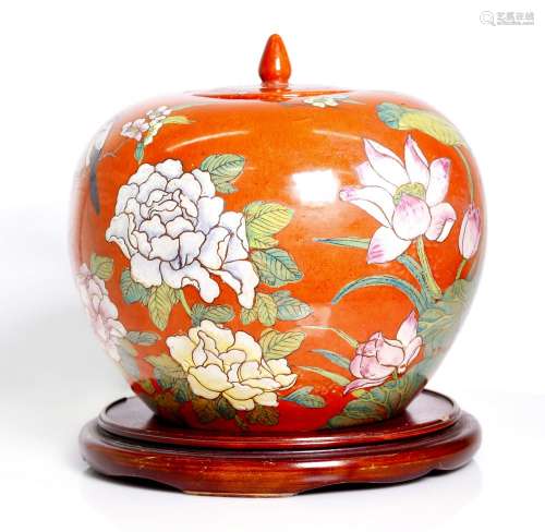 Chinese, antique coral glazed jar, Qing dyn.,