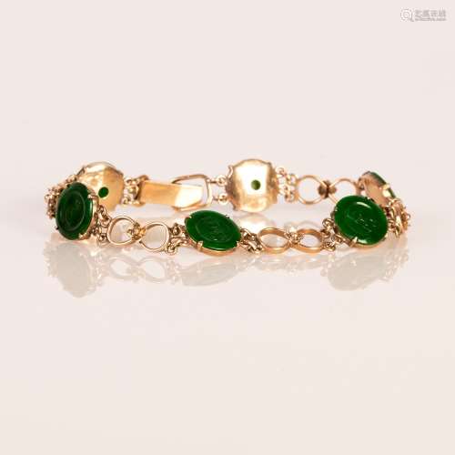 antique, Chinese, red gold and green jade , art deco bracelet