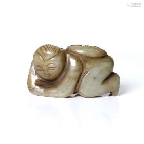 early Qing dyn., jade toggle, depicting a young boy with lotus flower.