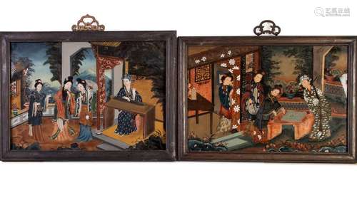 a pair of antique, Chinese, republic period, reverse glass painting,