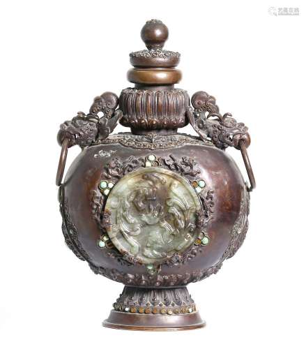 antique Tibetan copper container with antique jade