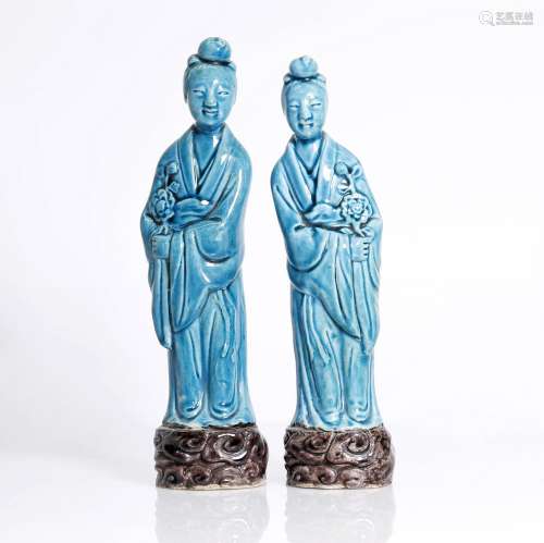 a pair of antique, Chinese. late Qing dyn., blue and purple glaze young maidens