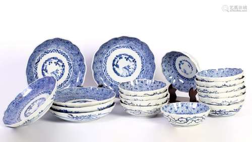 A lot of antique, Chinese, blue and white porcelain qing dynasty