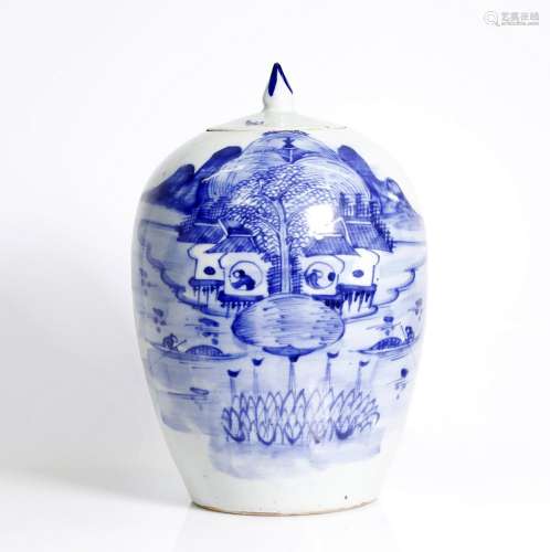 Chinese, blue and white jar, portraying a village scene