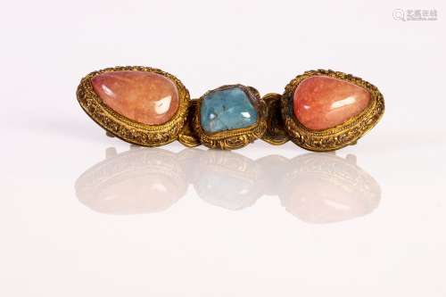 an antique, Chinese, gilded, buckle set with agate Qing dyn.