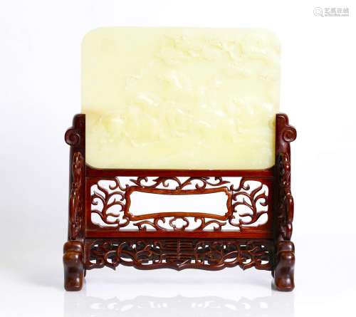 antique , Chinese jade and wood carved table screen.