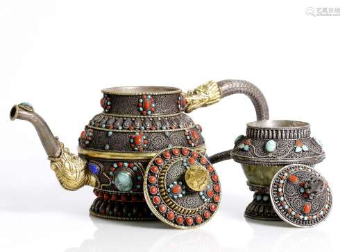 Tea set Chinese or Tibetan, gilded silver , jade and stones