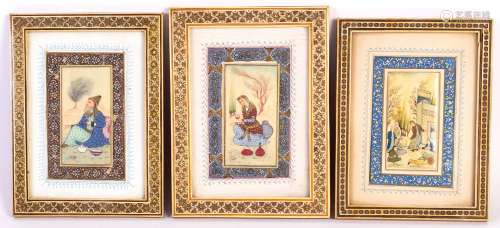 a lot of 3 antique Persian bone miniature paintings. Qajar style