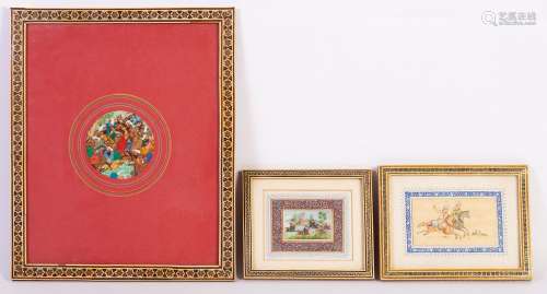 a lot of 3 antique Persian antler or bone miniature paintings. Qajar style