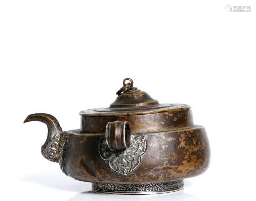 , Tibetan, copper tea pot, inlaid with silver. 19th cent.