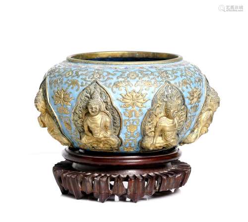 antique, 7 Buddha gold inlaid and enameled censer