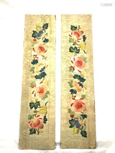 Two embroidered silk and linen panels decorated wi…