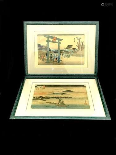 Suite of three Japanese prints depicting a figure …