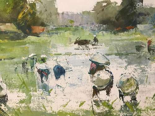 NGUYEN TRI MINH (1924 2010), Rice field scene. Oil…