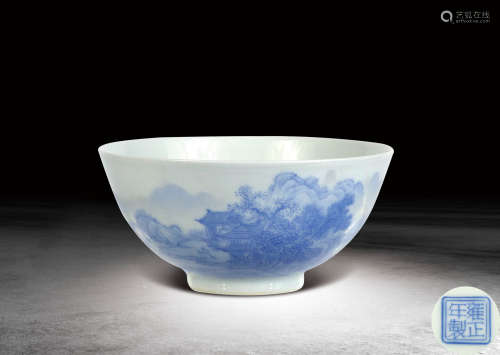 清  藍料山水紋碗