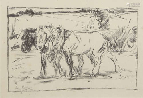 Harry Becker (1865-1928), Heavy horses, 1914, black and white lithograph, 15 x 24cm