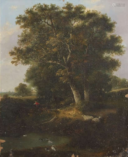 Attributed to William Henry Crome (1806-1873), Landscape with figure and sheep, oil on canvas, 57