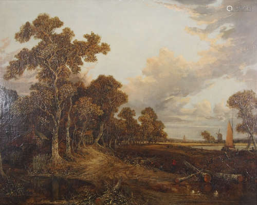 Joseph Paul (1804-1887), Extensive landscape with figures, cottage and distant windmill, oil on