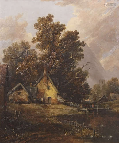 Joseph Paul (1804-1884), Landscape with Cottage and Figure, distant church, oil on canvas laid to