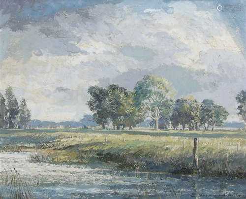 •AR Cavendish Morton ROI, (1911-2015), ' Broken Light, Upper Reaches of the Alde, oil on board,