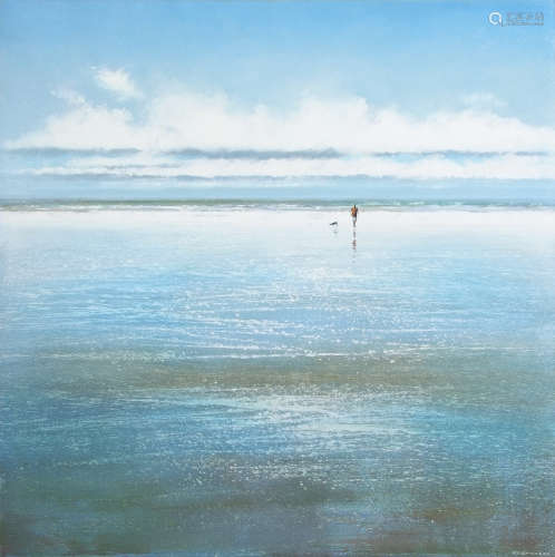 •AR Michael J Sanders (born 1959), Figure and dog on a beach, acrylic on canvas, signed lower right,