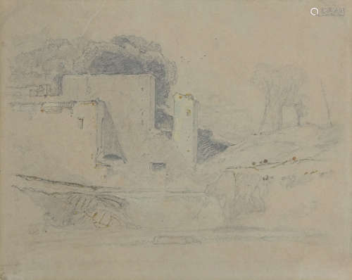 John Sell Cotman (1782-1842), Castle in River Landscape with Cattle, pencil drawing, 26 x 32cm,