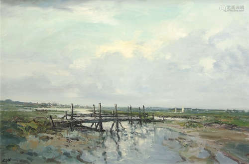 •AR Jack Cox (1914-2007), North Norfolk estuary with stick bridge, oil on board, signed lower