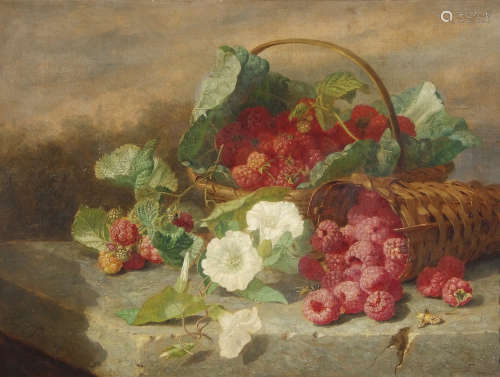 Eloise Harriet Stannard (1828-1915), Still Life study of raspberries in baskets with flowers, oil on