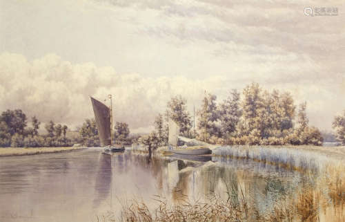 Stephen John Batchelder (1849-1932), Broads scene with wherries, watercolour, signed lower left,