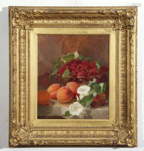 Eloise Harriet Stannard (1828-1915), Still Life study of raspberries, peaches and white flowers on a