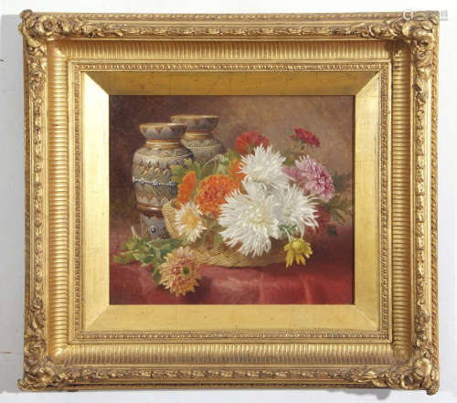 Eloise Harriet Stannard (1828-1915), Still Life study of flowers in a basket by a pair of Royal