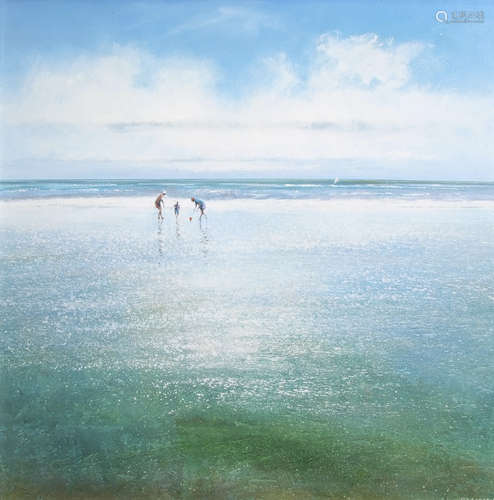 •AR Michael J Sanders (born 1959), Figures playing on a beach, acrylic on canvas, signed lower