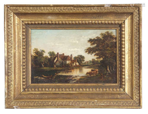 Robert Burrows (1810-1883), River landscape with cattle before a cottage, oil on panel, 10 x 16cm