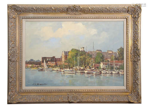 •AR Kevin B Thompson (born 1950), Oulton Broad, oil on board, signed lower left, 50 x 75cm