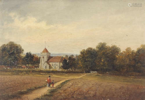 John Moore of Ipswich (1820-1902), Mother and child in landscape before a church, oil on canvas,