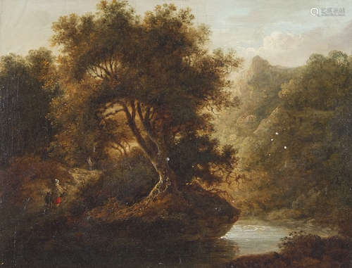 Attributed to John Crome (1768-1821), Mountain river landscape with mother and child, oil on canvas,