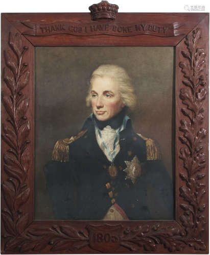 English School (20th century), Portrait of Lord Nelson, coloured print, 51 x 41cm, in heavy carved