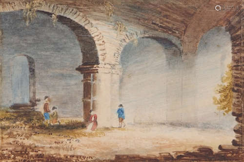 Circle of John Sell Cotman, Figures amongst a ruin, watercolour, 10 x 14cm